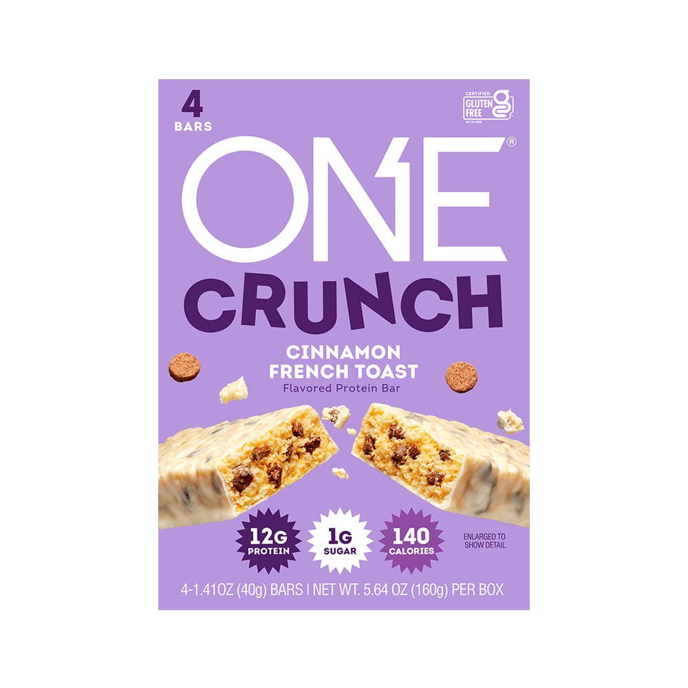 ONE CRUNCH Cinnamon French Toast Flavored Protein Bars, 1.41 oz, 4 count box - Front of Package