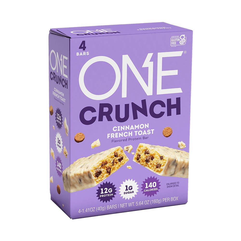 ONE CRUNCH Cinnamon French Toast Flavored Protein Bars, 1.41 oz, 4 count box - Side of Package