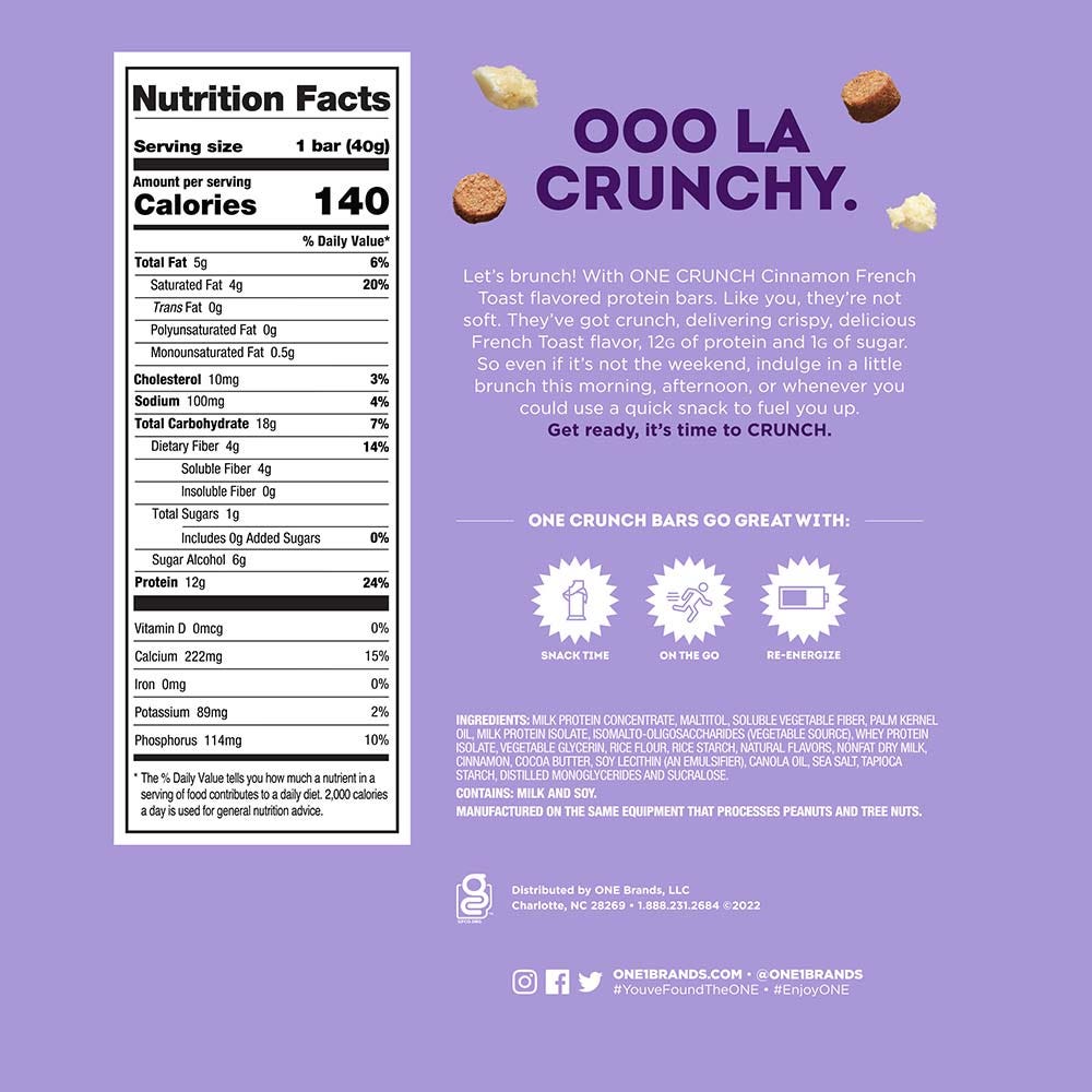 ONE CRUNCH Cinnamon French Toast Flavored Protein Bars, 1.41 oz, 4 count box - Nutritional