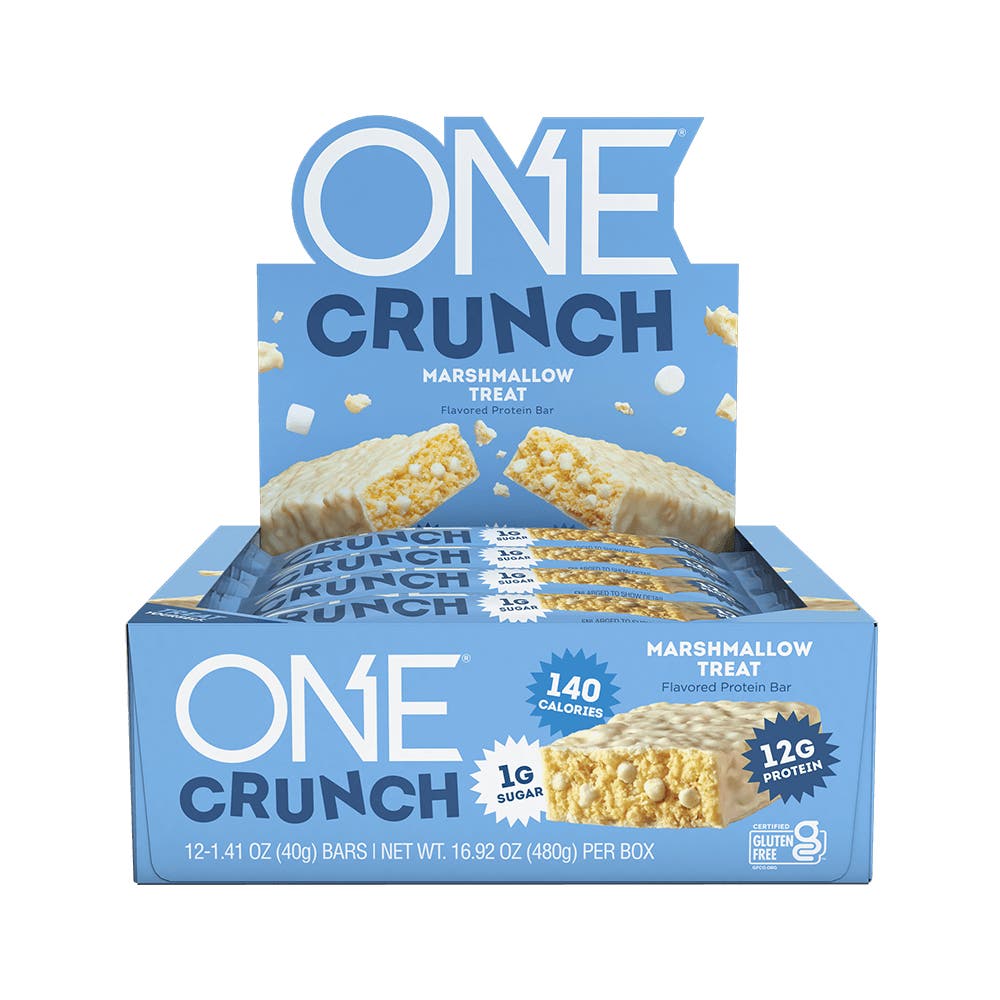 ONE CRUNCH Marshmallow Treat Flavored Protein Bars, 1.41 oz, 12 count box - Front of Package
