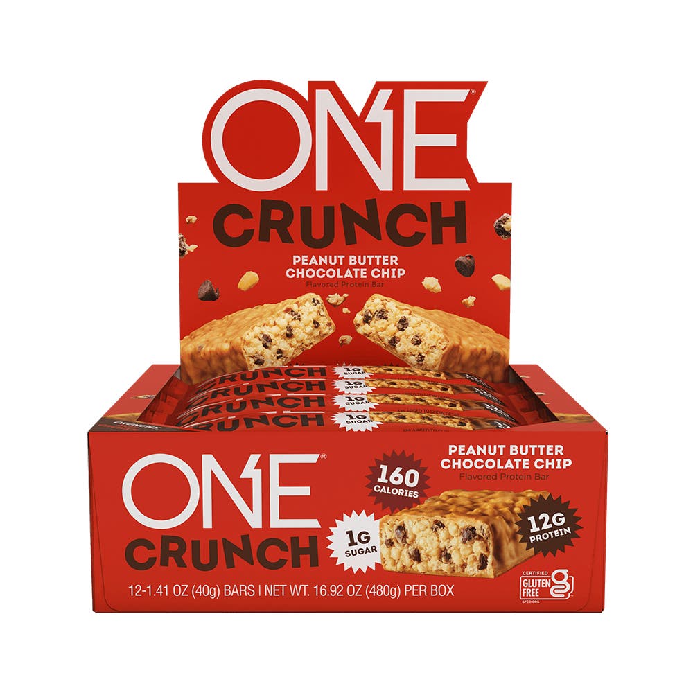 ONE CRUNCH Peanut Butter Chocolate Chip Flavored Protein Bars, 1.41 oz, 12 count box - Front of Package