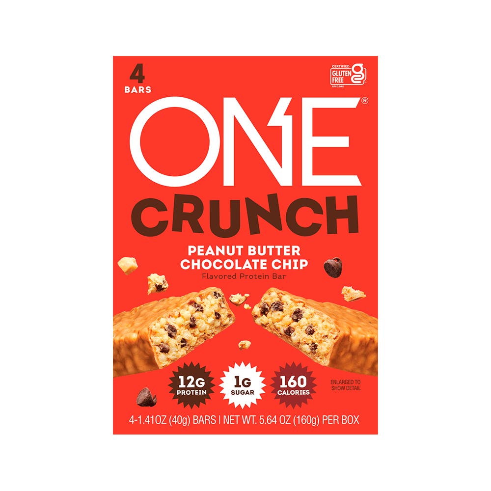 ONE CRUNCH Peanut Butter Chocolate Chip Flavored Protein Bars, 1.41 oz, 4 count box - Front of Package