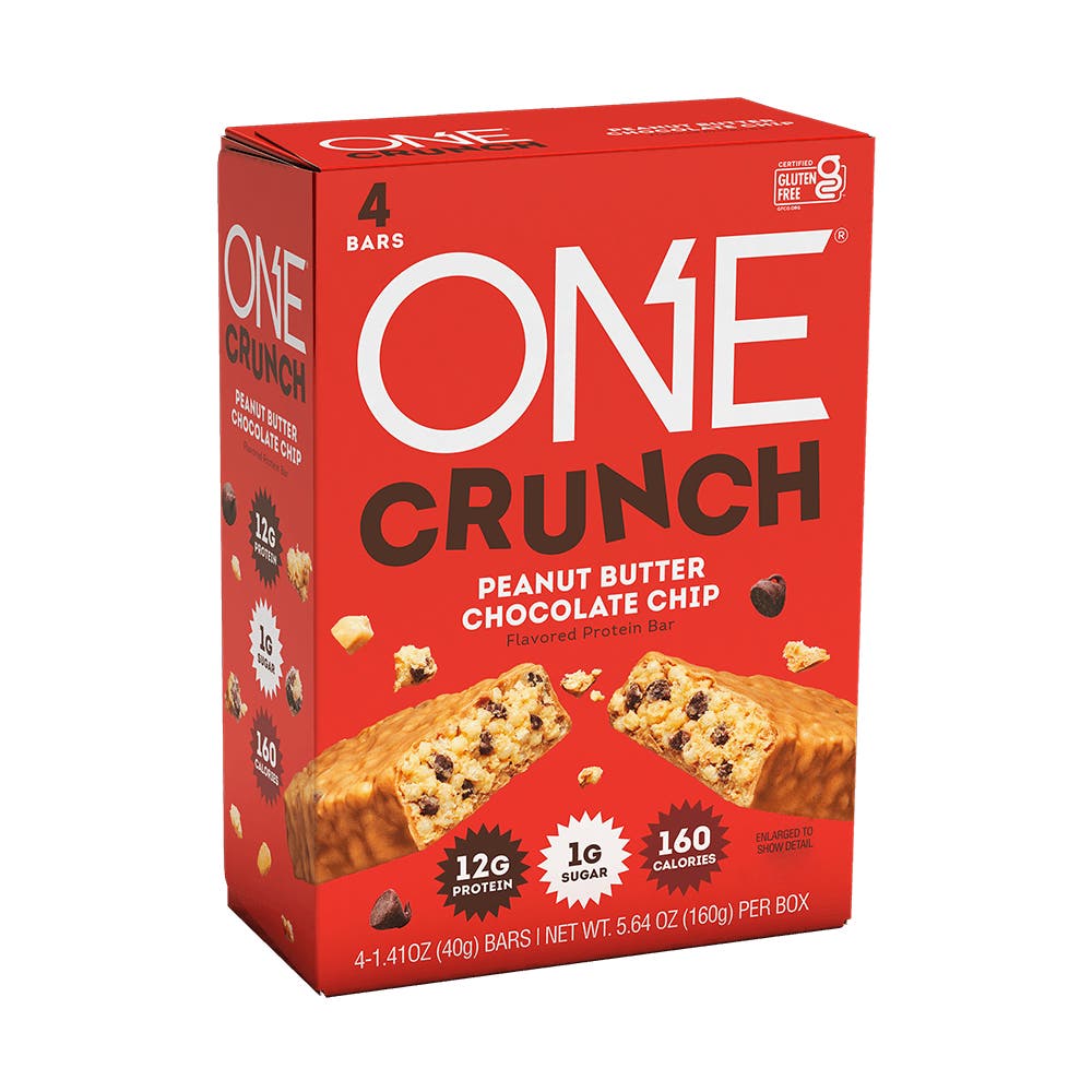 ONE CRUNCH Peanut Butter Chocolate Chip Flavored Protein Bars, 1.41 oz, 4 count box - Side of Package