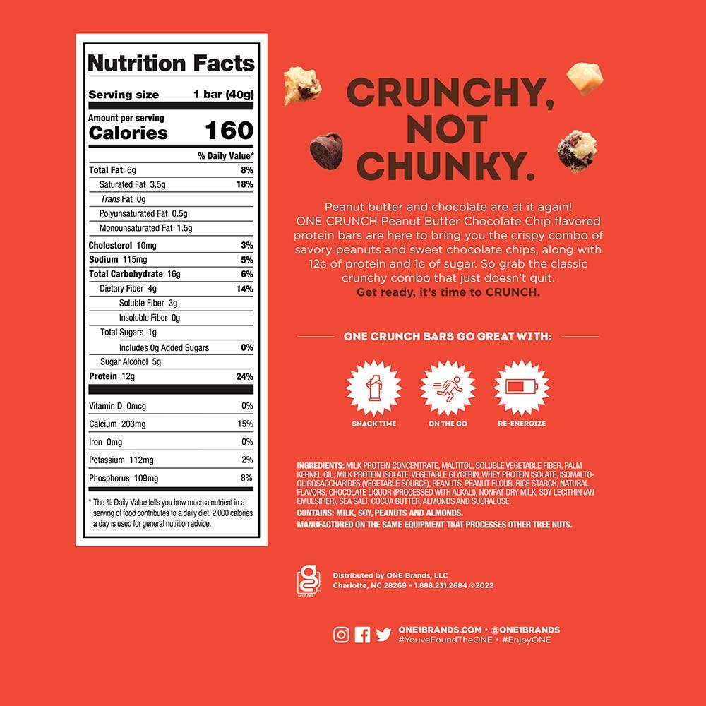 ONE CRUNCH Peanut Butter Chocolate Chip Flavored Protein Bars, 1.41 oz, 12 count box - Nutritional
