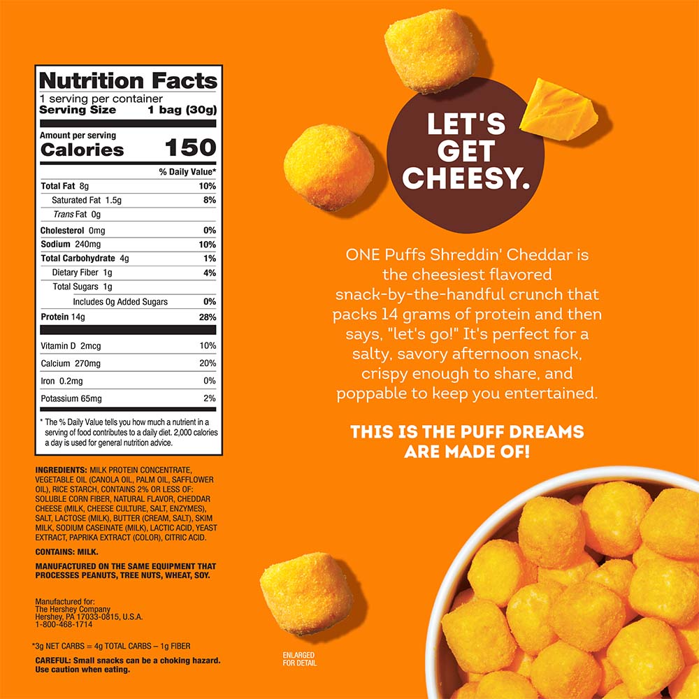 ONE PUFFS Shreddin’ Cheddar Flavored Protein Snack, 1.05 oz bag, 10 count box - Nutritional
