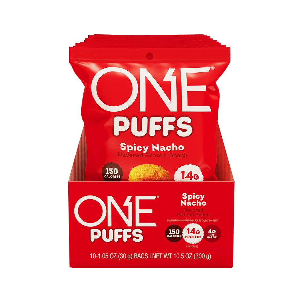 ONE PUFFS Spicy Nacho Flavored Protein Snack, 1.05 oz bag, 10 count box - Front of Package