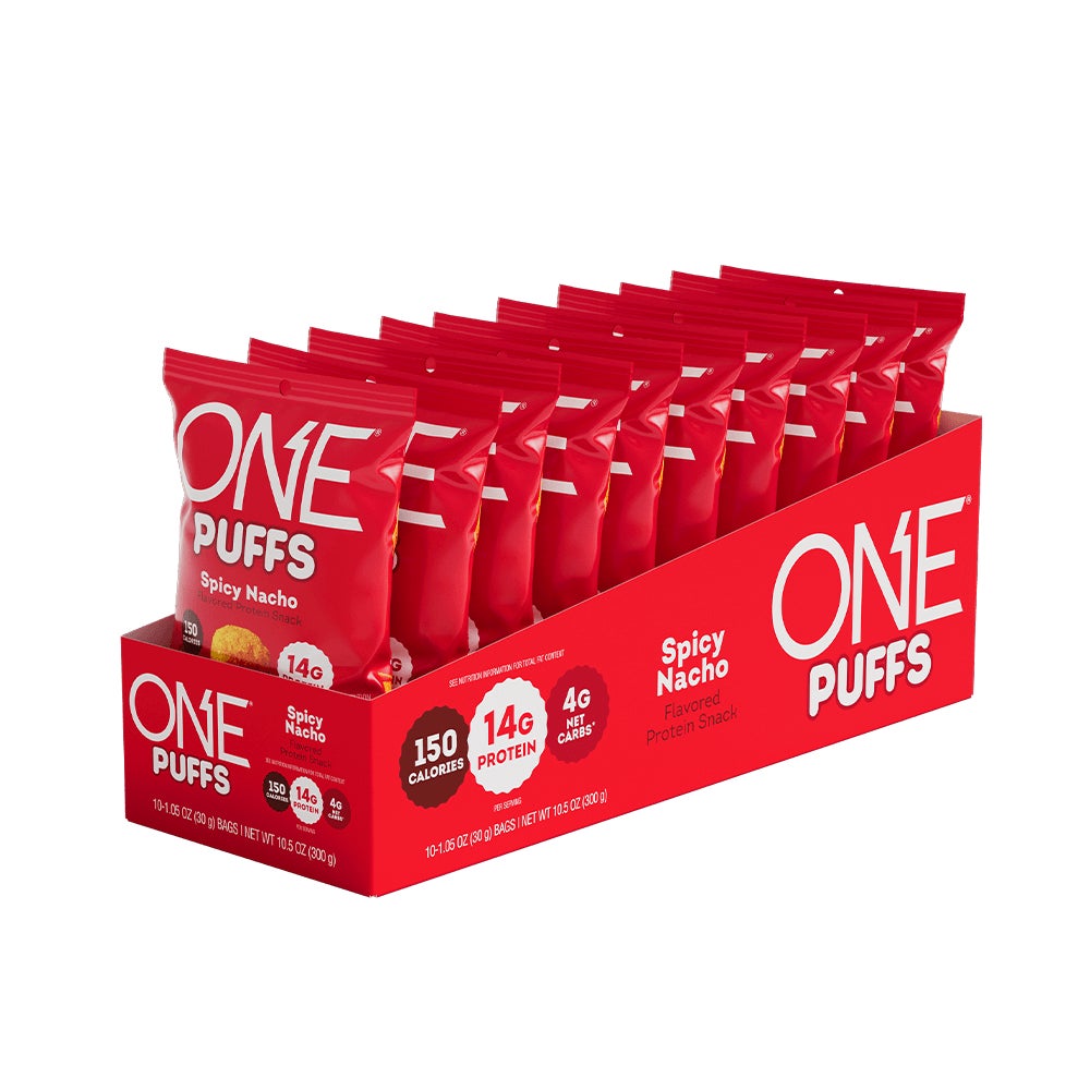 ONE PUFFS Spicy Nacho Flavored Protein Snack, 1.05 oz bag, 10 count box - Side of Package
