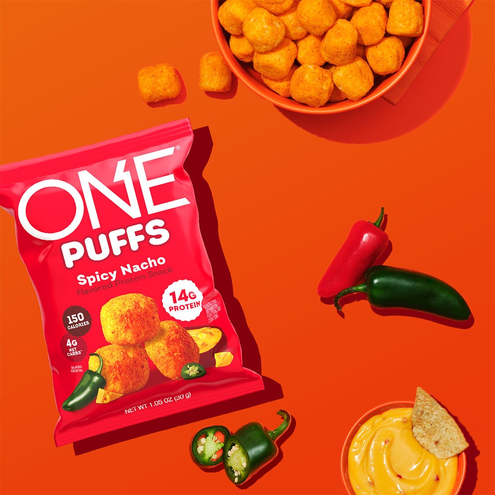 ONE PUFFS Spicy Nacho Flavored Protein Snack, 1.05 oz bag, 10 count box - Lifestyle